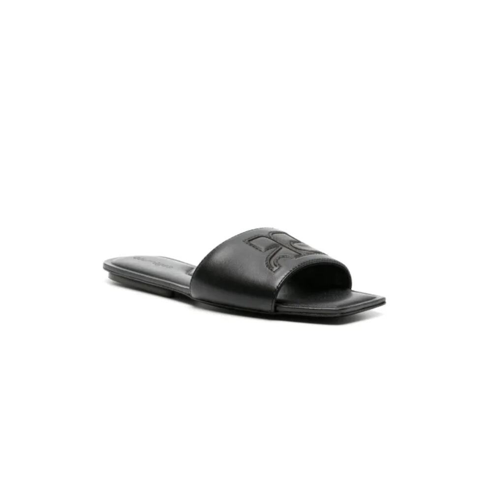 Courreges Logo Patch Leather Slide Sandals in Black 36